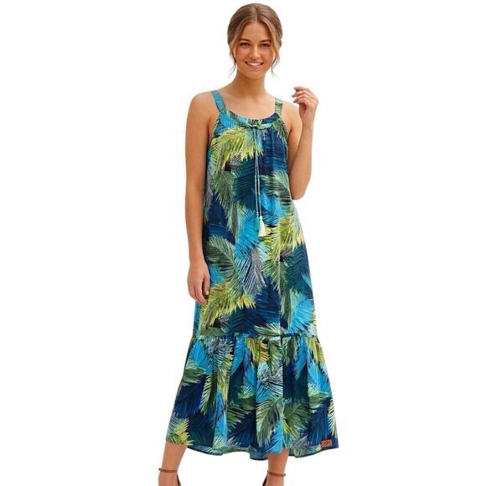 CUPIO Dress Halter Maxi Dress Boho Vacation Tassel Hawaiian Aloha Ruffle Y2k 90s